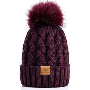 Women’s Purple Winter Ribbed Beanie Hat Chunky Cable Knit Pompom Warm